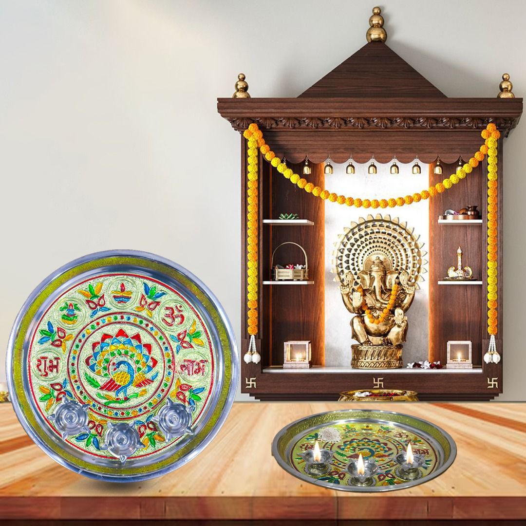 3 Diya Pooja Thali - Gold Minakari